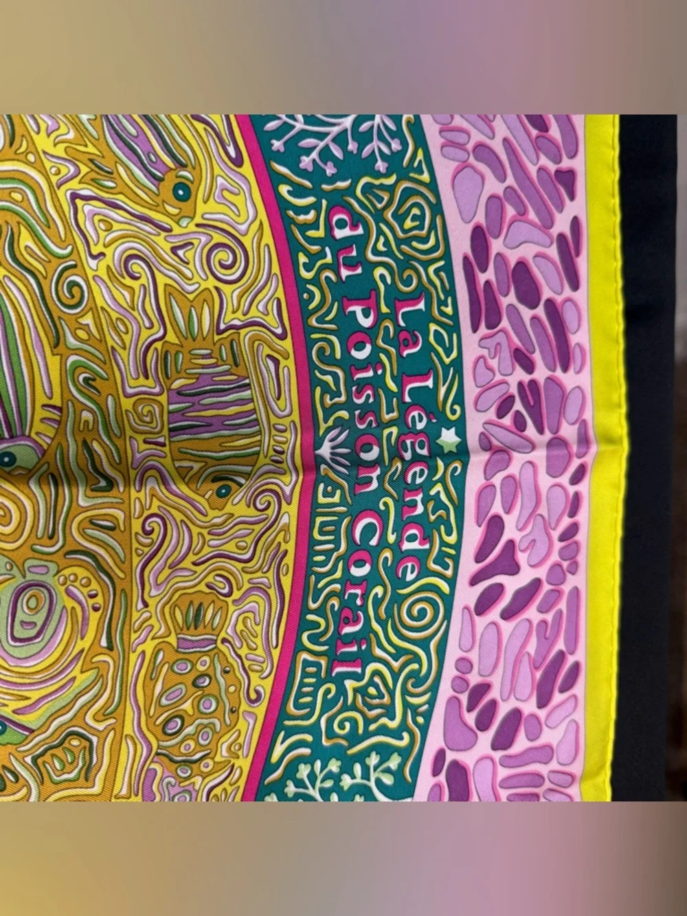 Hermes Silk Scarf Pink Yellow Green Fish La Legende Du Poisson Corail Coral - Picture 7 of 12